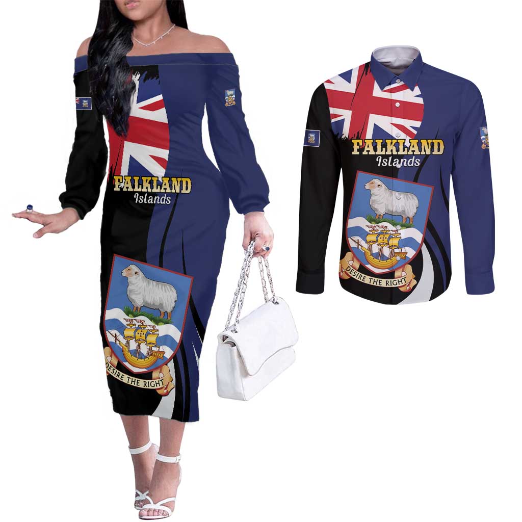 Personalised Falkland Islands Couples Matching Off The Shoulder Long Sleeve Dress and Long Sleeve Button Shirt Desire the Right