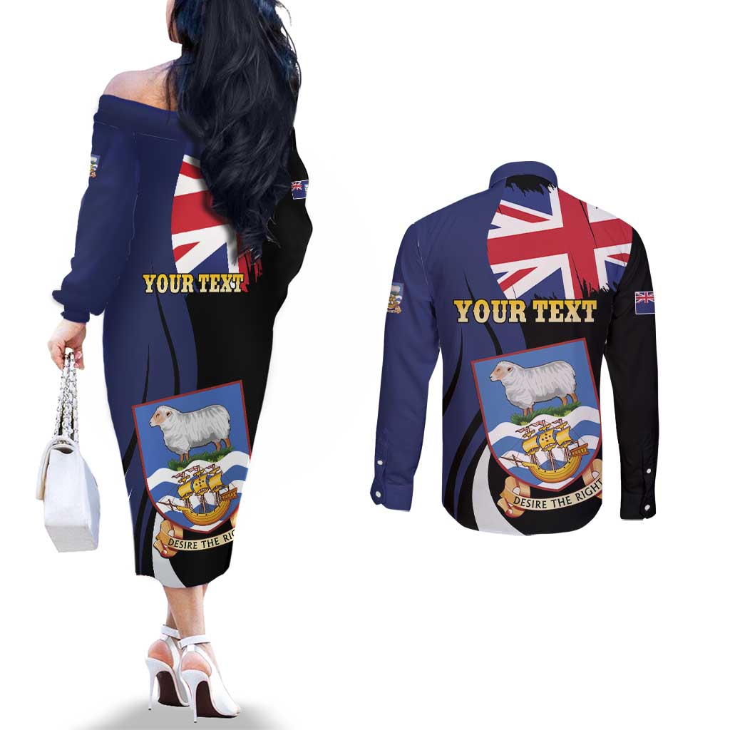 Personalised Falkland Islands Couples Matching Off The Shoulder Long Sleeve Dress and Long Sleeve Button Shirt Desire the Right