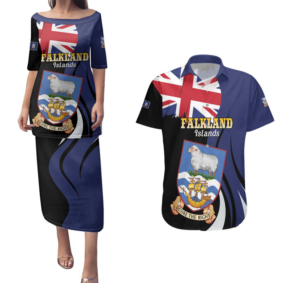 Personalised Falkland Islands Couples Matching Puletasi and Hawaiian Shirt Desire the Right