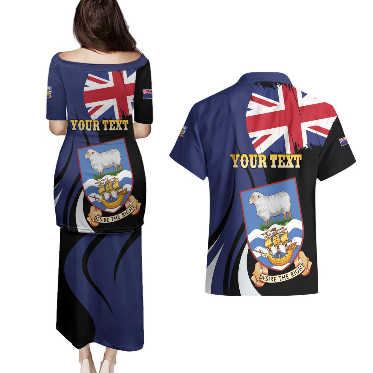 Personalised Falkland Islands Couples Matching Puletasi and Hawaiian Shirt Desire the Right