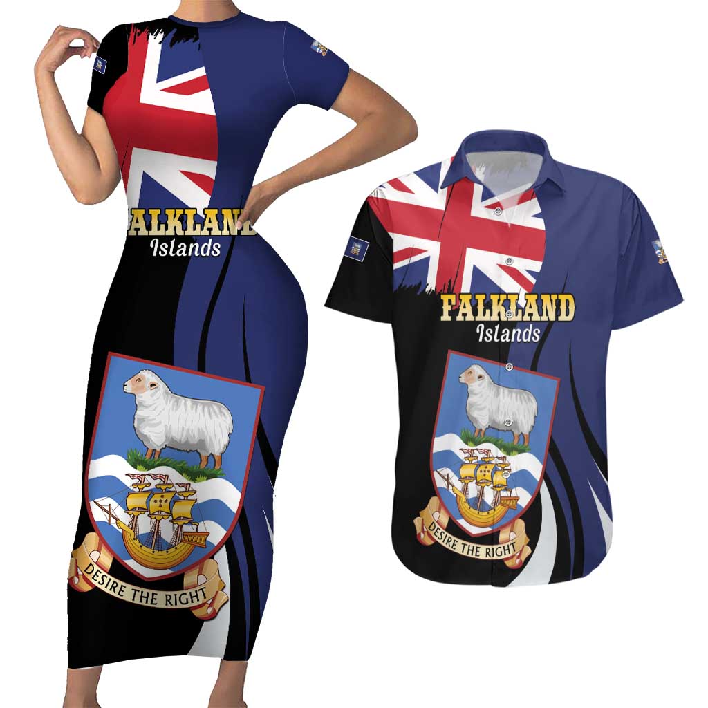 Personalised Falkland Islands Couples Matching Short Sleeve Bodycon Dress and Hawaiian Shirt Desire the Right