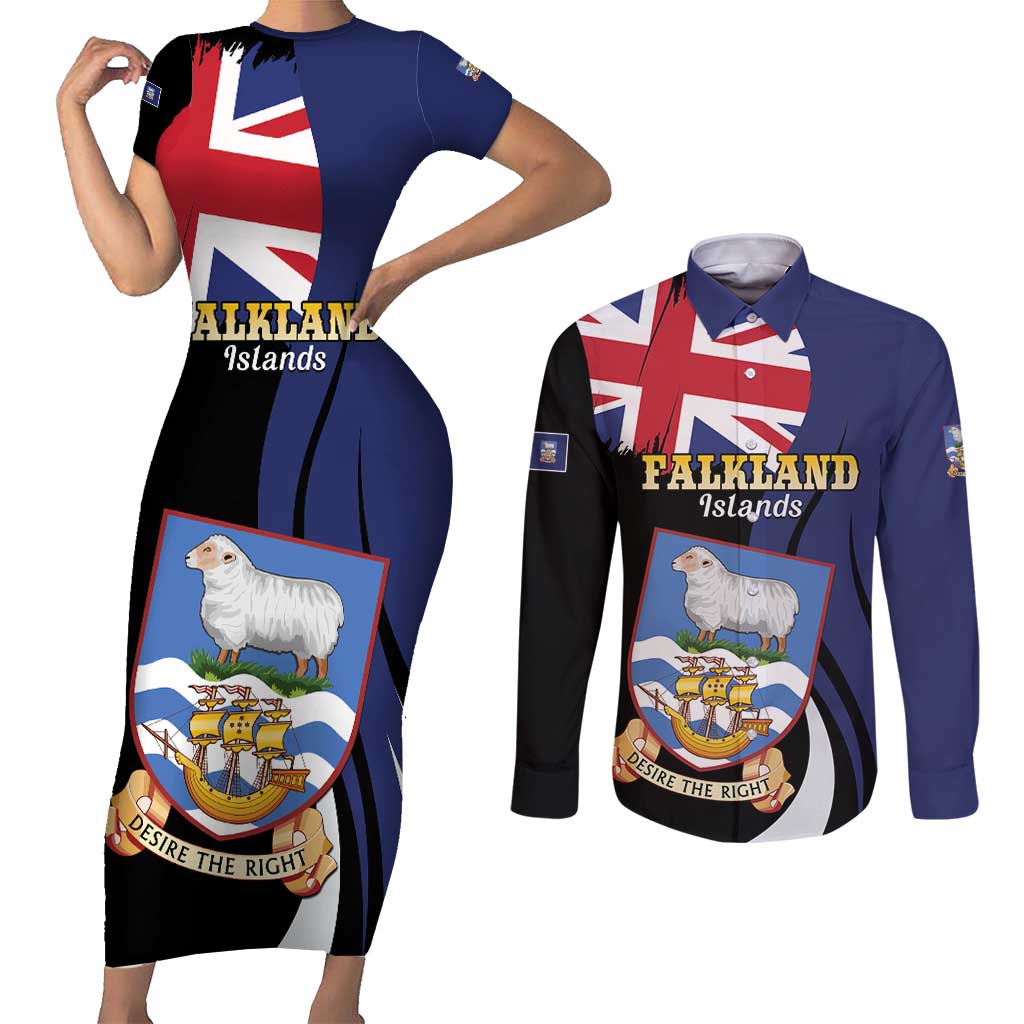 Personalised Falkland Islands Couples Matching Short Sleeve Bodycon Dress and Long Sleeve Button Shirt Desire the Right