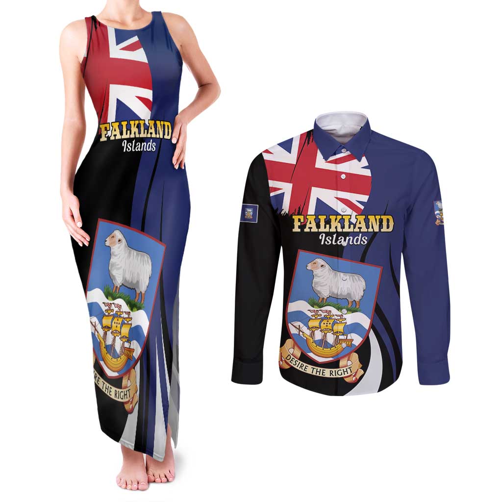 Personalised Falkland Islands Couples Matching Tank Maxi Dress and Long Sleeve Button Shirt Desire the Right