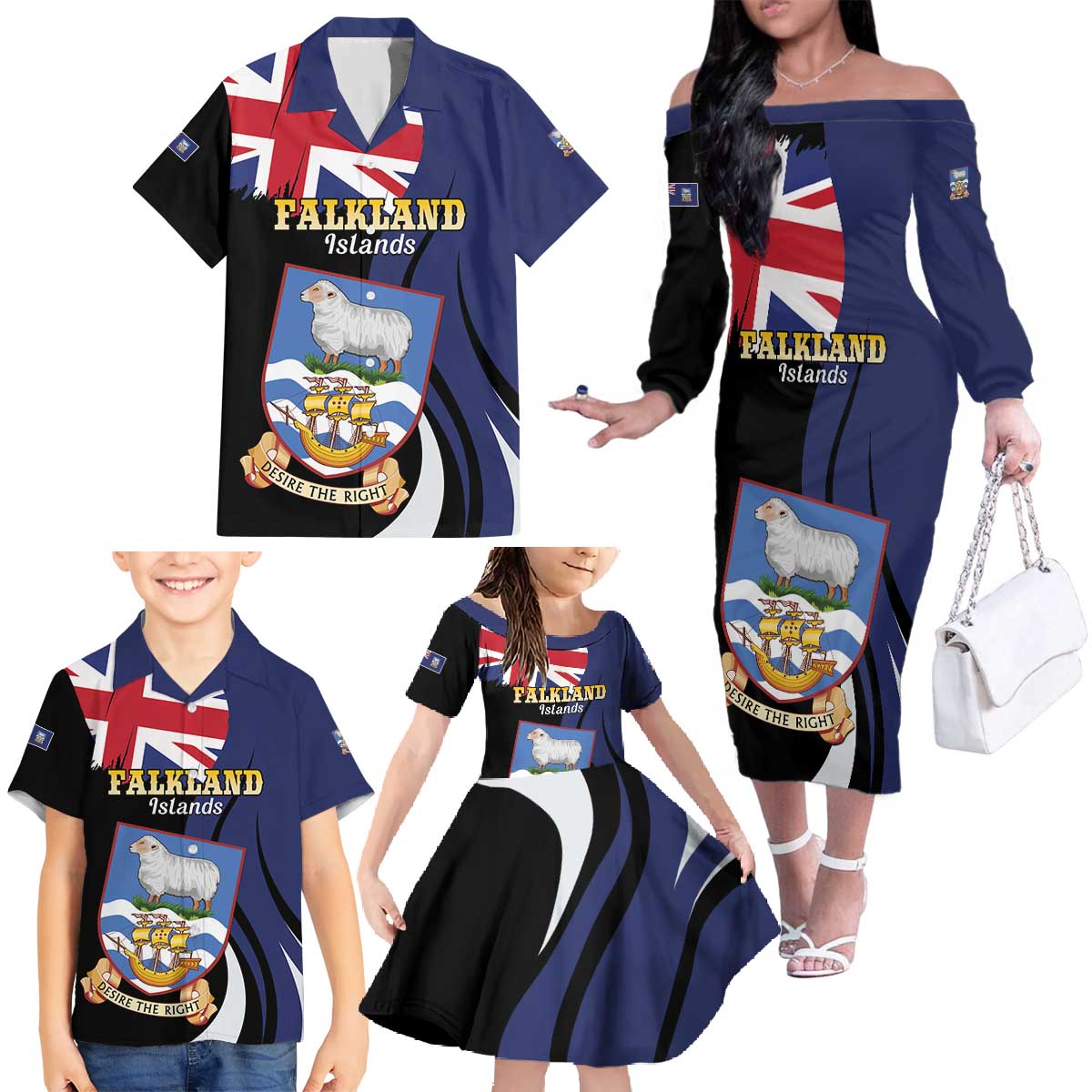 Personalised Falkland Islands Family Matching Off The Shoulder Long Sleeve Dress and Hawaiian Shirt Desire the Right