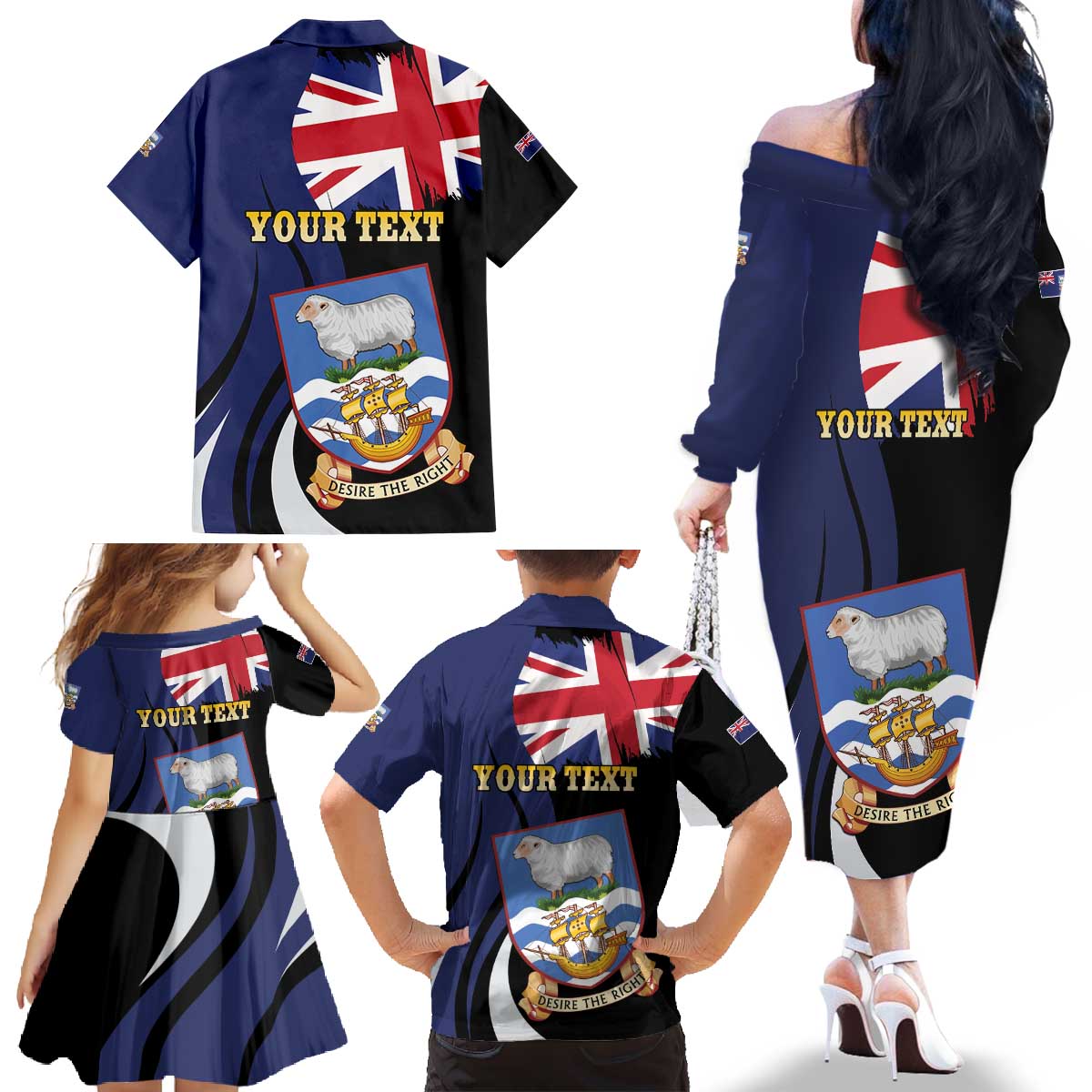 Personalised Falkland Islands Family Matching Off The Shoulder Long Sleeve Dress and Hawaiian Shirt Desire the Right