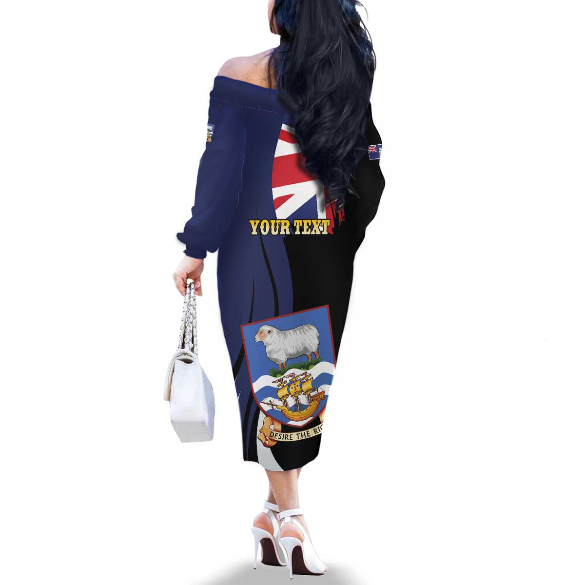 Personalised Falkland Islands Family Matching Off The Shoulder Long Sleeve Dress and Hawaiian Shirt Desire the Right
