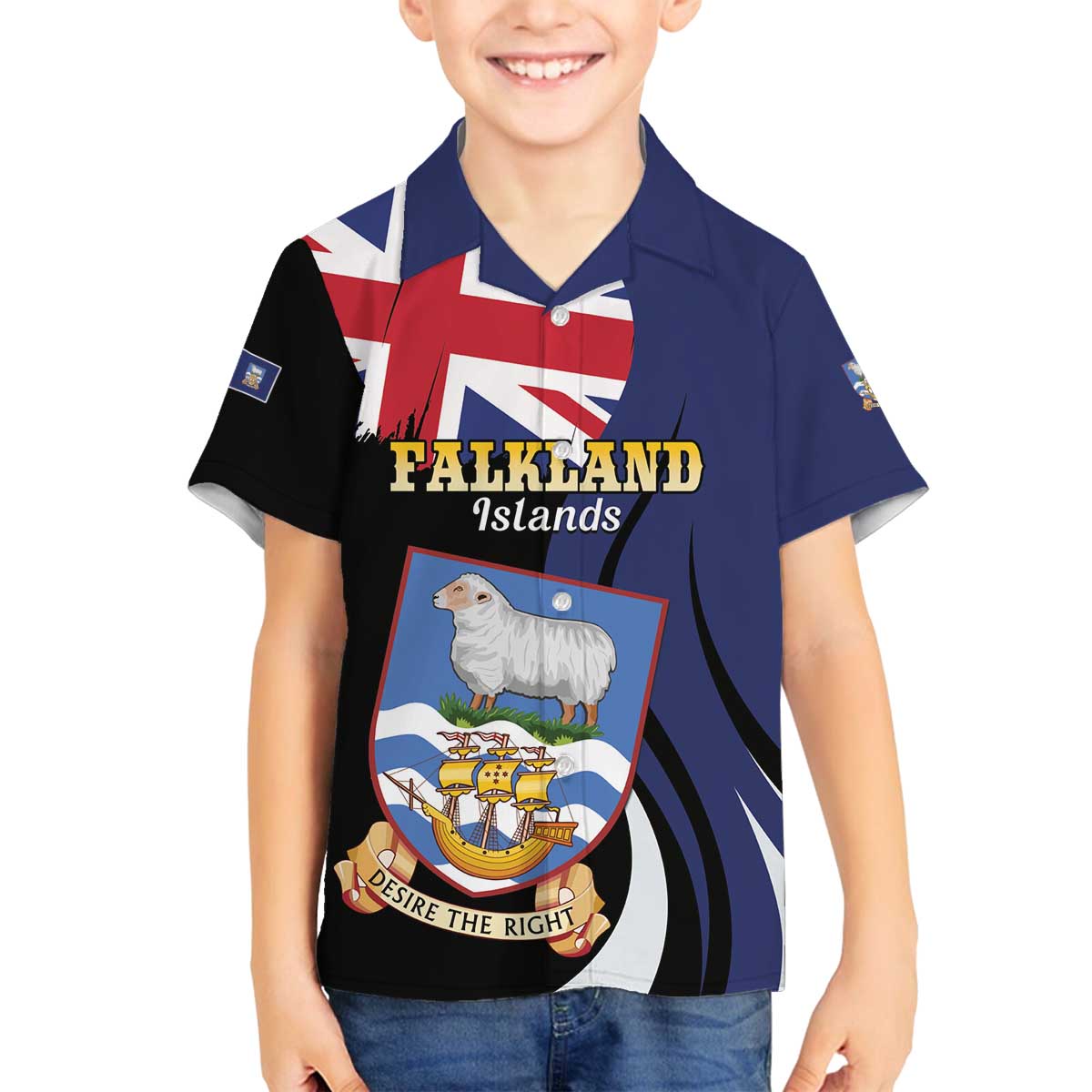 Personalised Falkland Islands Family Matching Off The Shoulder Long Sleeve Dress and Hawaiian Shirt Desire the Right