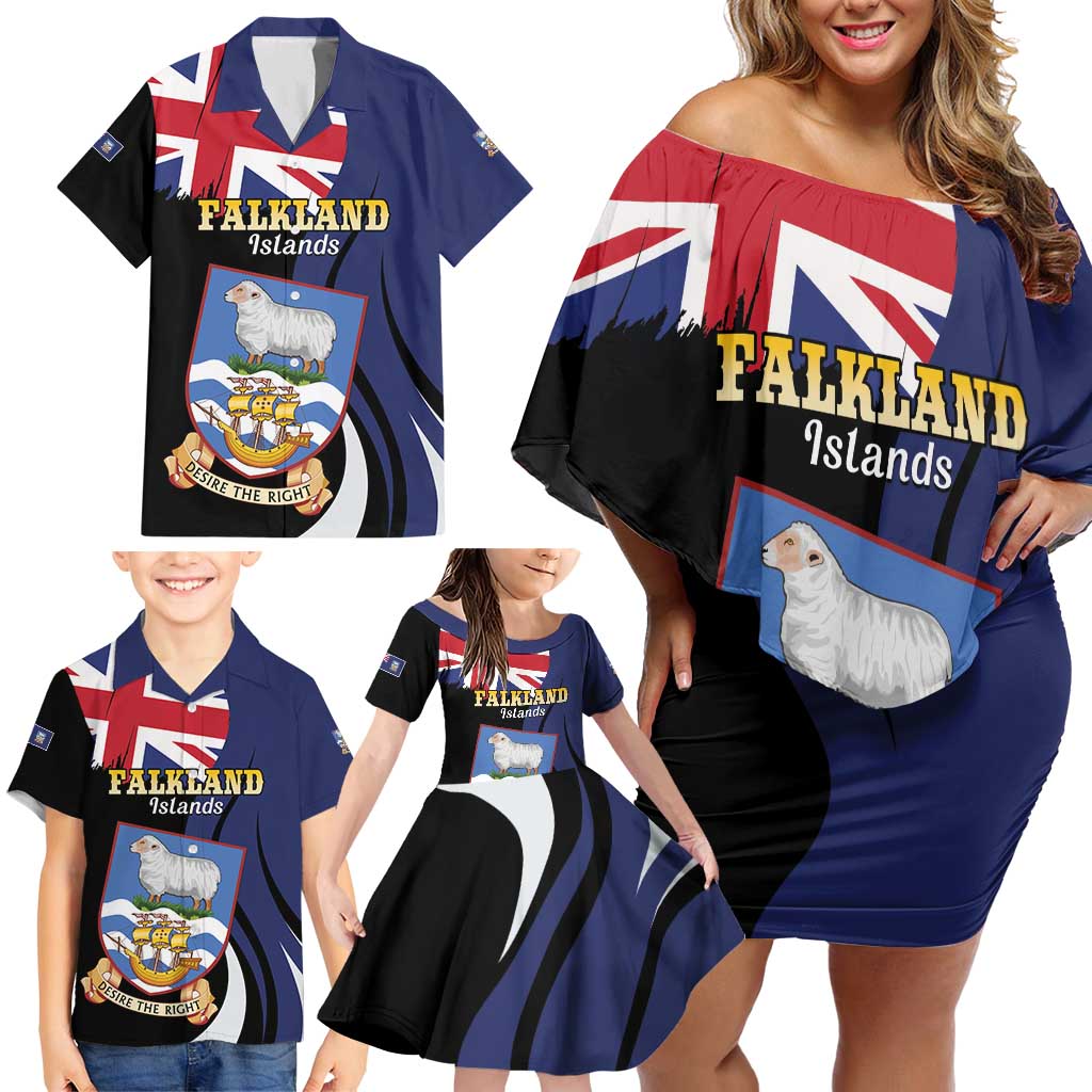 Personalised Falkland Islands Family Matching Off Shoulder Short Dress and Hawaiian Shirt Desire the Right