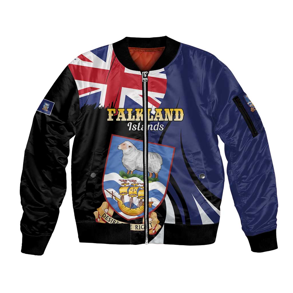 Personalised Falkland Islands Sleeve Zip Bomber Jacket Desire the Right