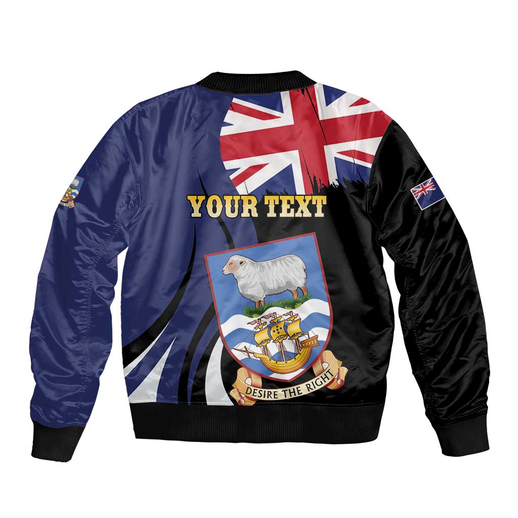 Personalised Falkland Islands Sleeve Zip Bomber Jacket Desire the Right