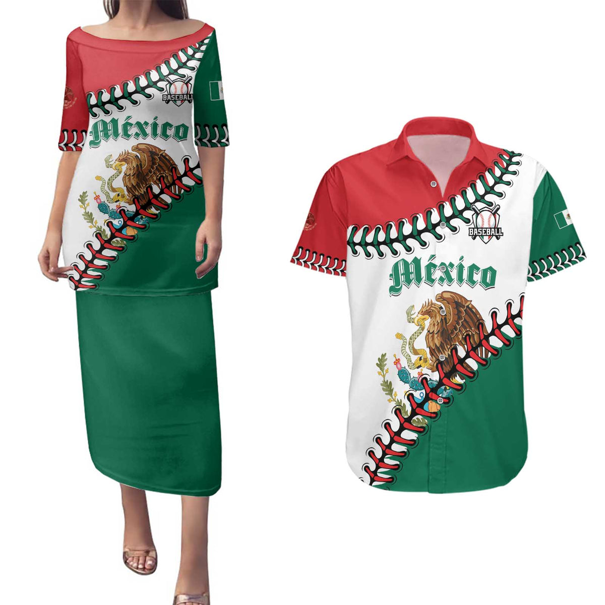 Custom Baseball Mexico Couples Matching Puletasi and Hawaiian Shirt Come On Mexican Team