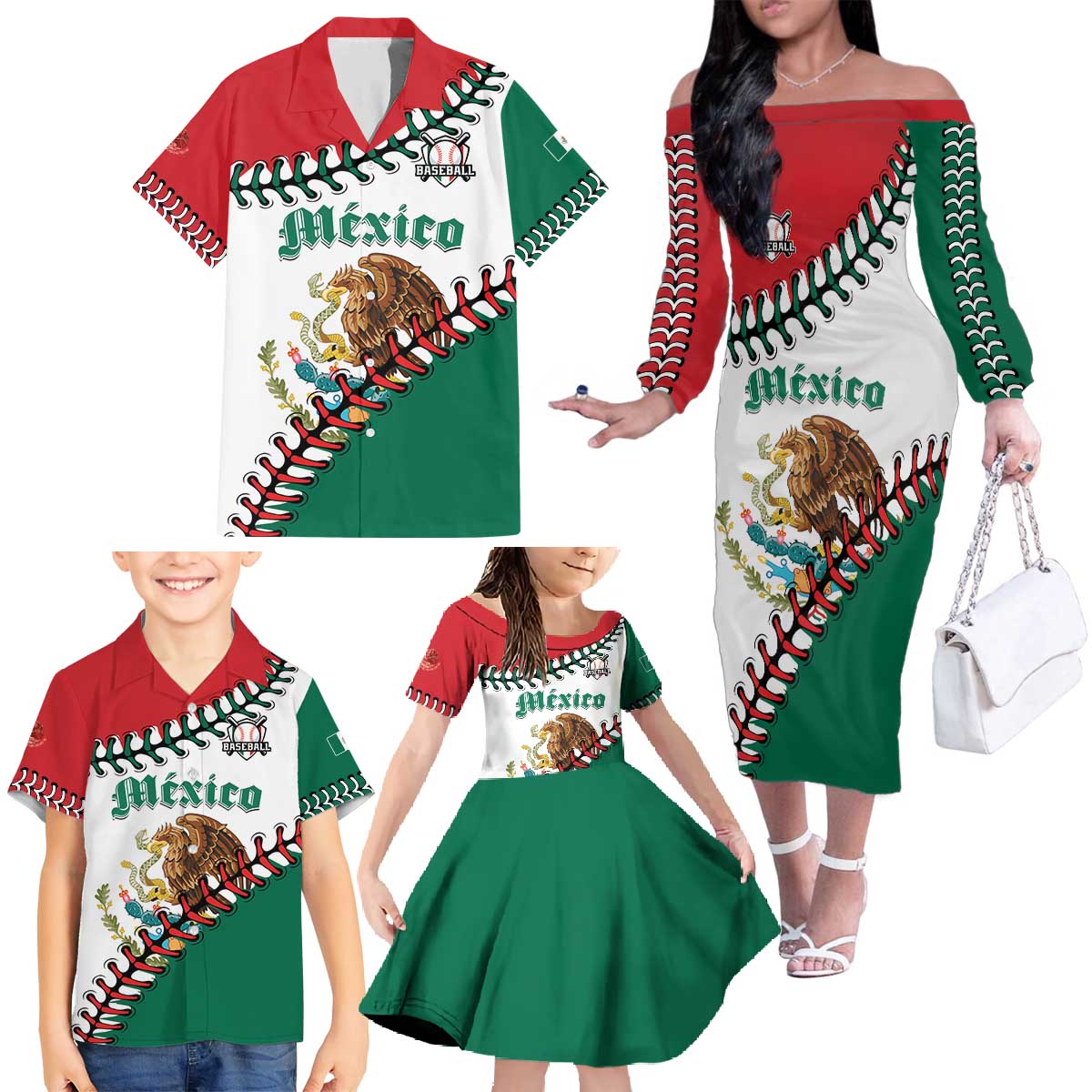 Custom Baseball Mexico Family Matching Off The Shoulder Long Sleeve Dress and Hawaiian Shirt Come On Mexican Team