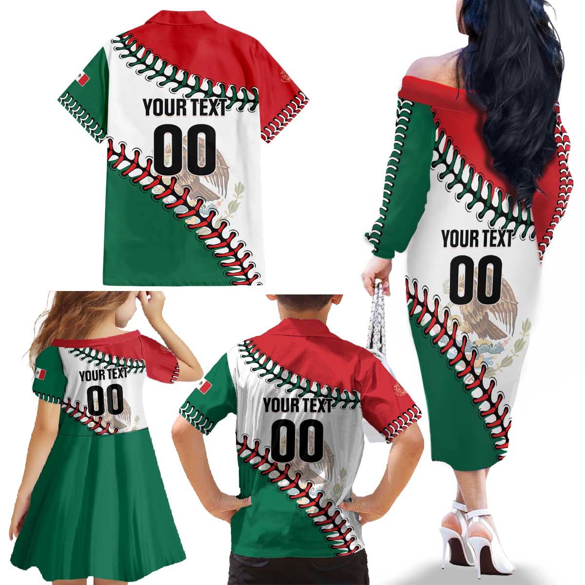 Custom Baseball Mexico Family Matching Off The Shoulder Long Sleeve Dress and Hawaiian Shirt Come On Mexican Team