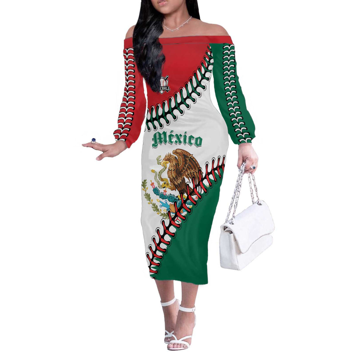Custom Baseball Mexico Off The Shoulder Long Sleeve Dress Come On Mexican Team