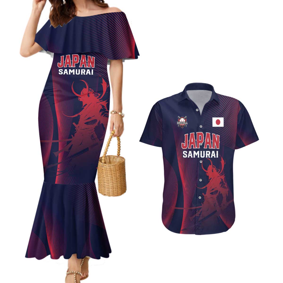 Custom Baseball Japan Couples Matching Mermaid Dress and Hawaiian Shirt Japan Samurai Go Champions