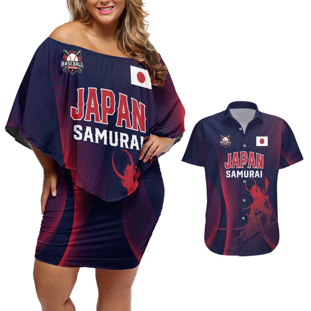Custom Baseball Japan Couples Matching Off Shoulder Short Dress and Hawaiian Shirt Japan Samurai Go Champions