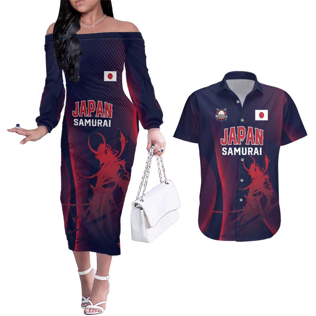 Custom Baseball Japan Couples Matching Off The Shoulder Long Sleeve Dress and Hawaiian Shirt Japan Samurai Go Champions