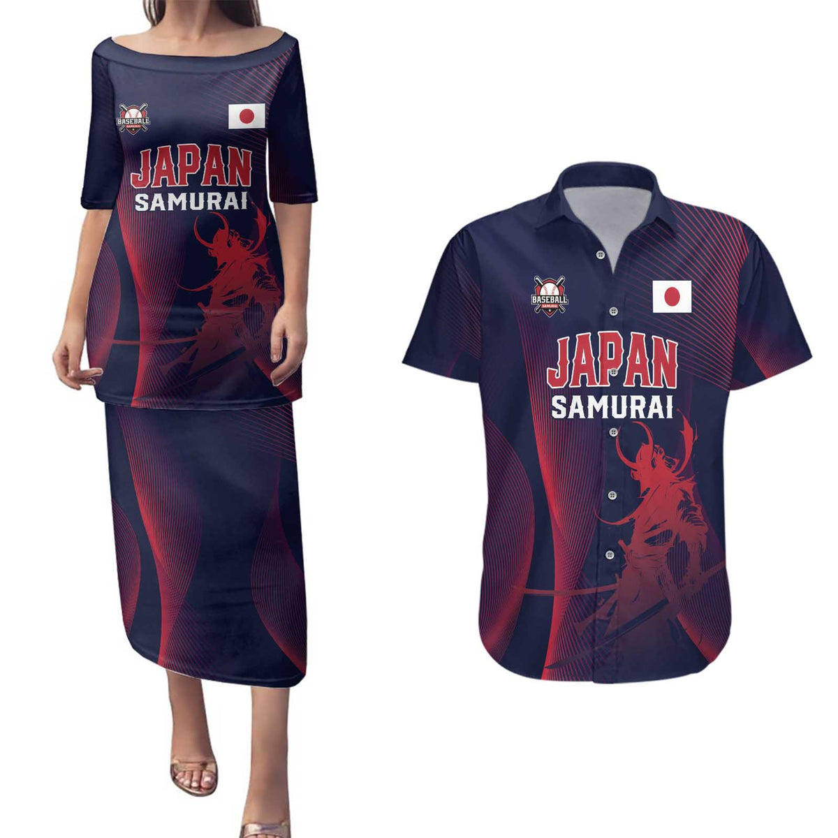 Custom Baseball Japan Couples Matching Puletasi and Hawaiian Shirt Japan Samurai Go Champions