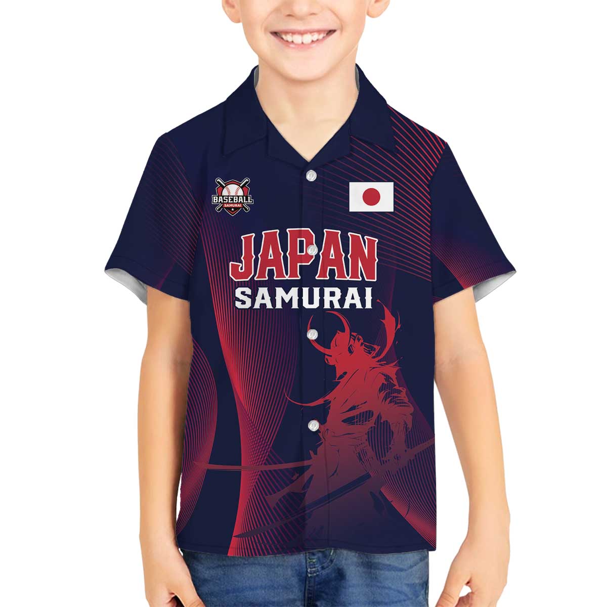Custom Baseball Japan Family Matching Off The Shoulder Long Sleeve Dress and Hawaiian Shirt Japan Samurai Go Champions