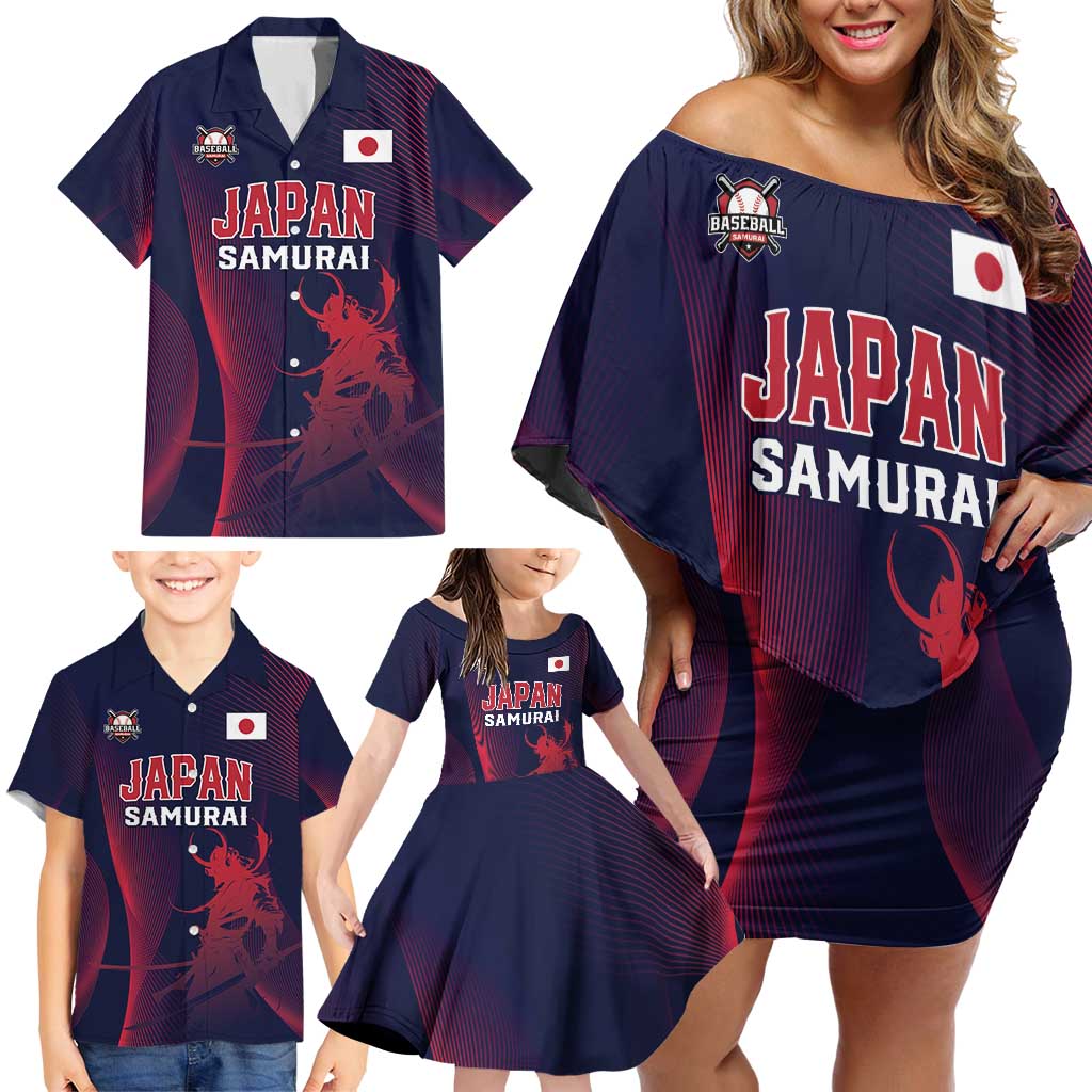 Custom Baseball Japan Family Matching Off Shoulder Short Dress and Hawaiian Shirt Japan Samurai Go Champions