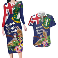 Personalised British Virgin Islands Couples Matching Long Sleeve Bodycon Dress and Hawaiian Shirt Two Turtle Doves Tropical Flowers