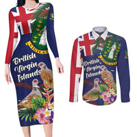 Personalised British Virgin Islands Couples Matching Long Sleeve Bodycon Dress and Long Sleeve Button Shirt Two Turtle Doves Tropical Flowers