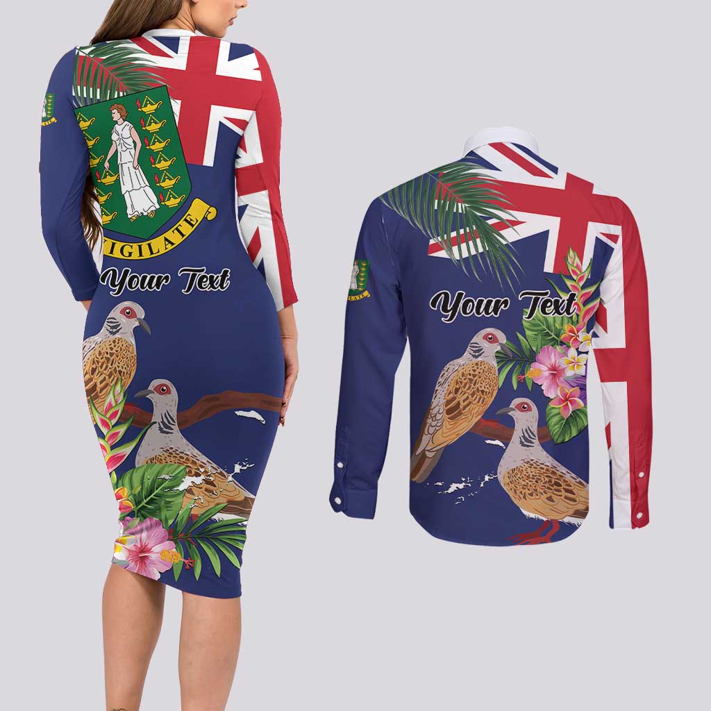 Personalised British Virgin Islands Couples Matching Long Sleeve Bodycon Dress and Long Sleeve Button Shirt Two Turtle Doves Tropical Flowers
