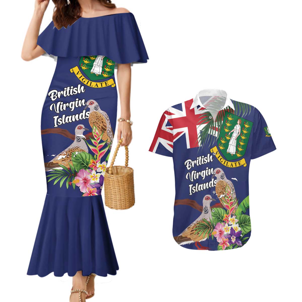 Personalised British Virgin Islands Couples Matching Mermaid Dress and Hawaiian Shirt Two Turtle Doves Tropical Flowers