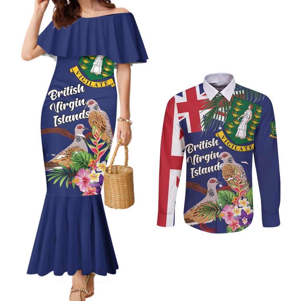 Personalised British Virgin Islands Couples Matching Mermaid Dress and Long Sleeve Button Shirt Two Turtle Doves Tropical Flowers