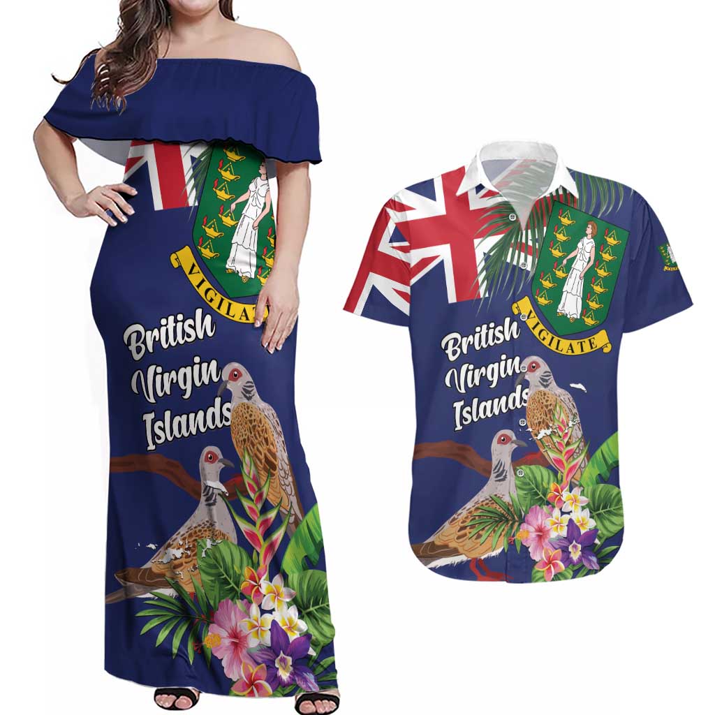 Personalised British Virgin Islands Couples Matching Off Shoulder Maxi Dress and Hawaiian Shirt Two Turtle Doves Tropical Flowers