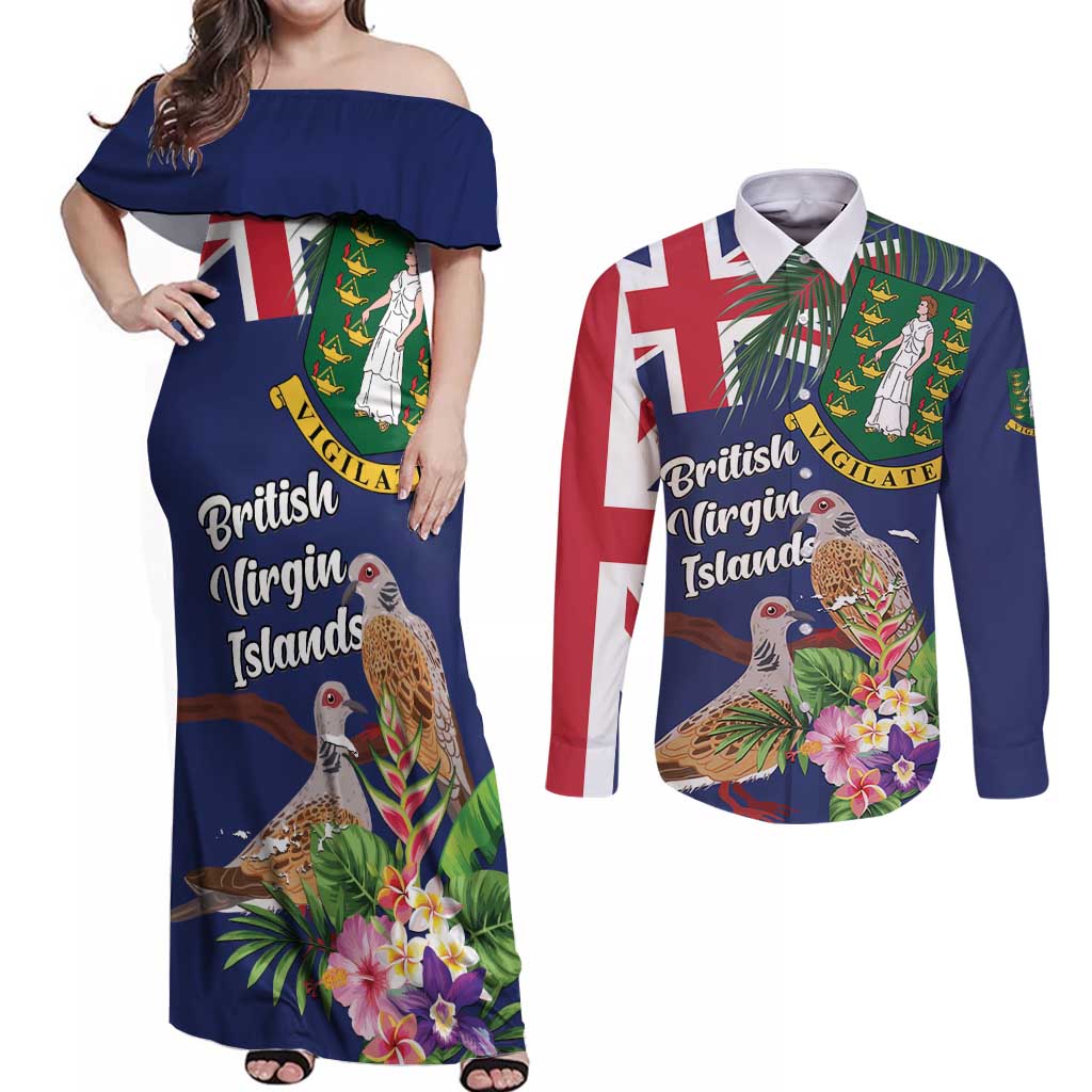 Personalised British Virgin Islands Couples Matching Off Shoulder Maxi Dress and Long Sleeve Button Shirt Two Turtle Doves Tropical Flowers