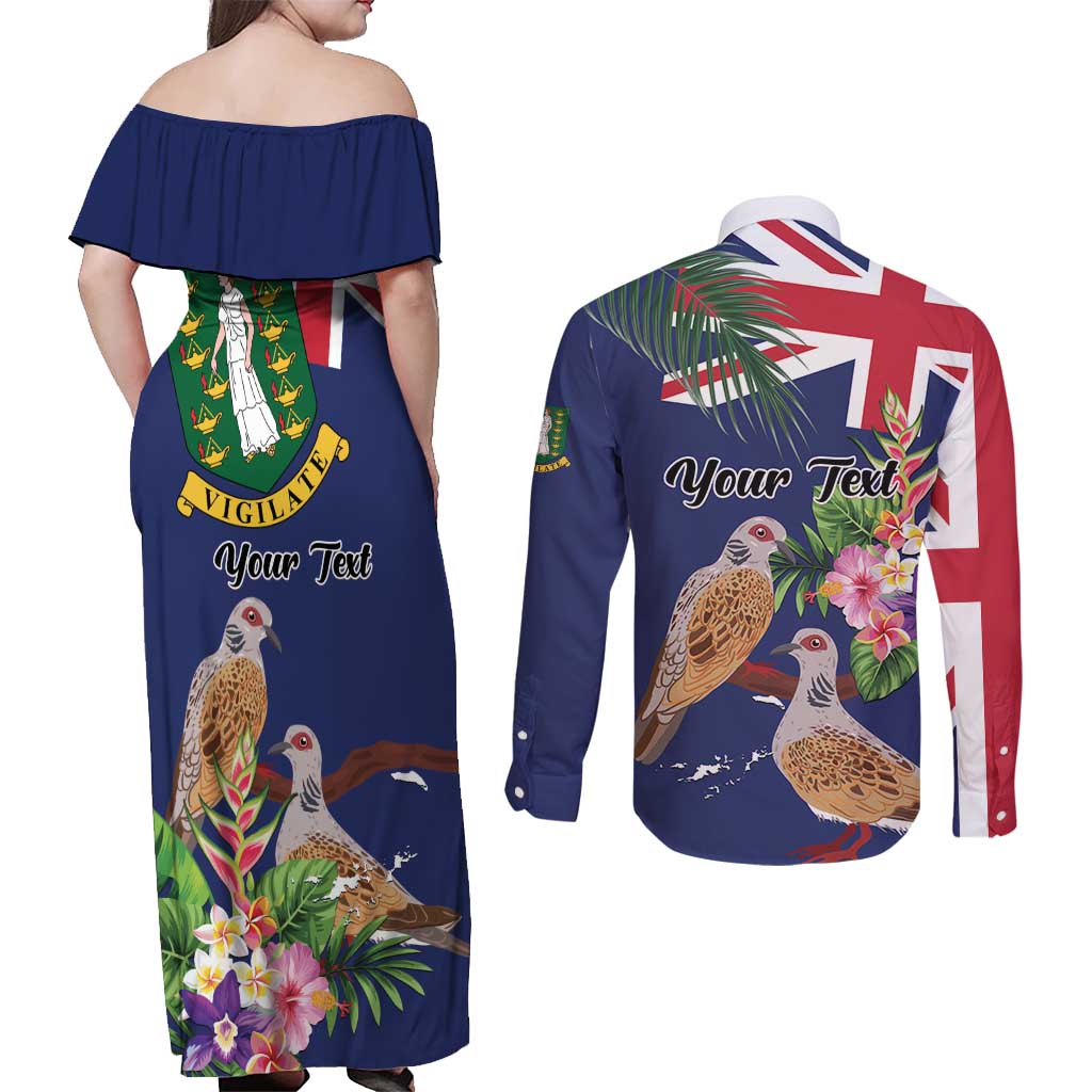 Personalised British Virgin Islands Couples Matching Off Shoulder Maxi Dress and Long Sleeve Button Shirt Two Turtle Doves Tropical Flowers