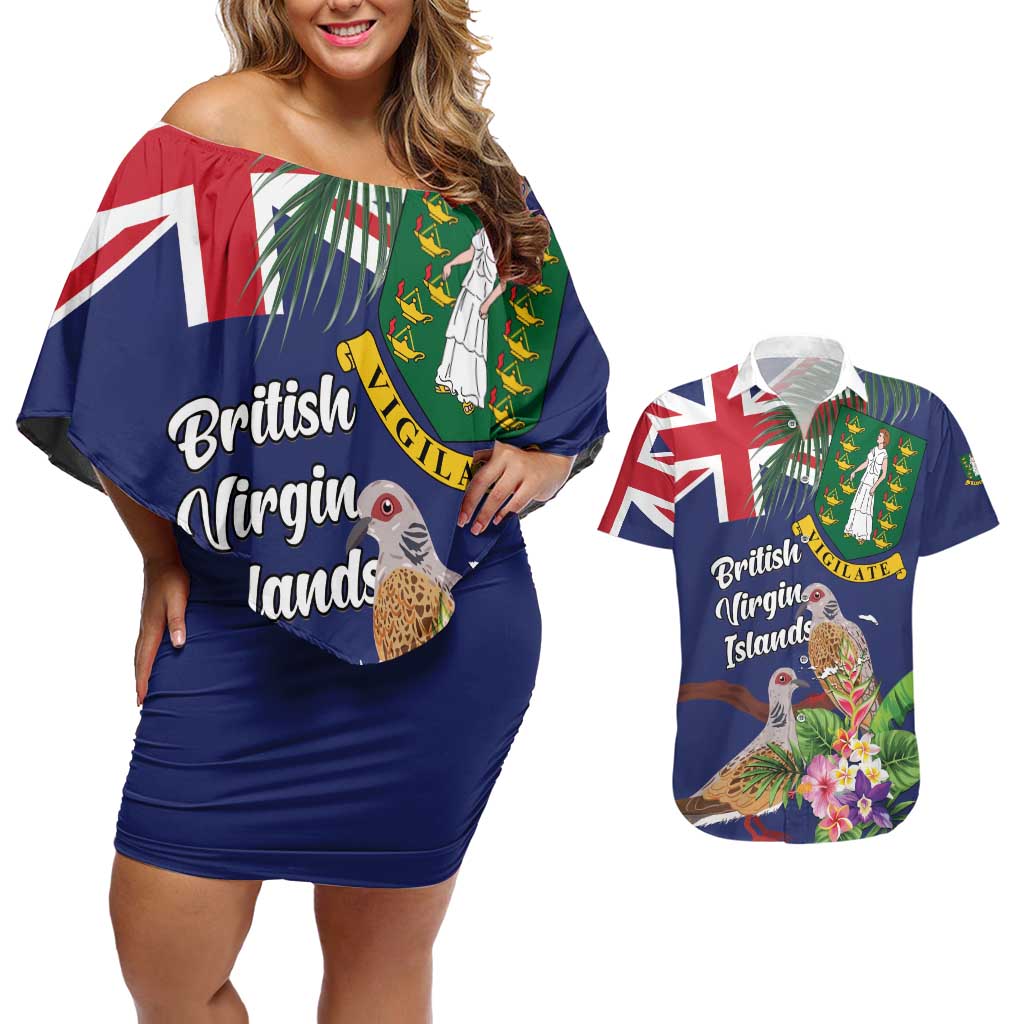 Personalised British Virgin Islands Couples Matching Off Shoulder Short Dress and Hawaiian Shirt Two Turtle Doves Tropical Flowers