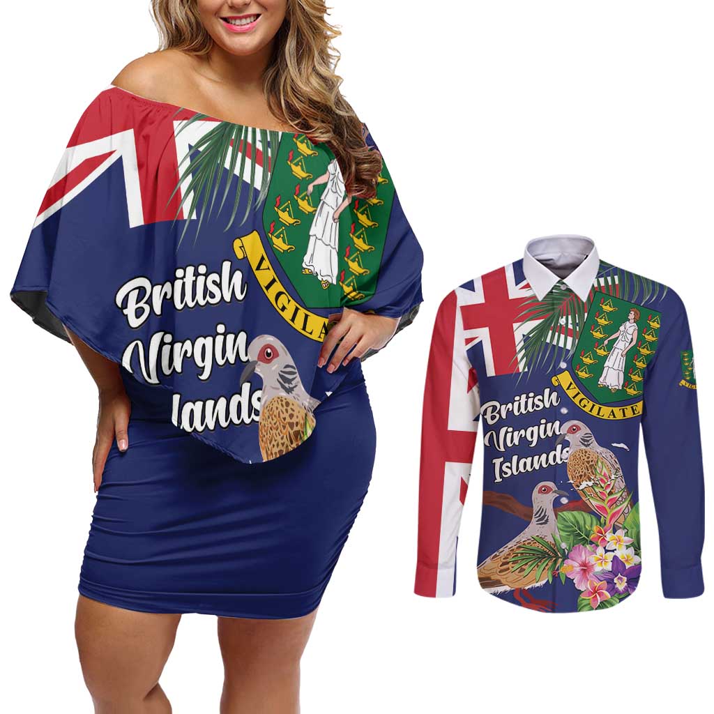 Personalised British Virgin Islands Couples Matching Off Shoulder Short Dress and Long Sleeve Button Shirt Two Turtle Doves Tropical Flowers