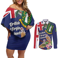 Personalised British Virgin Islands Couples Matching Off Shoulder Short Dress and Long Sleeve Button Shirt Two Turtle Doves Tropical Flowers