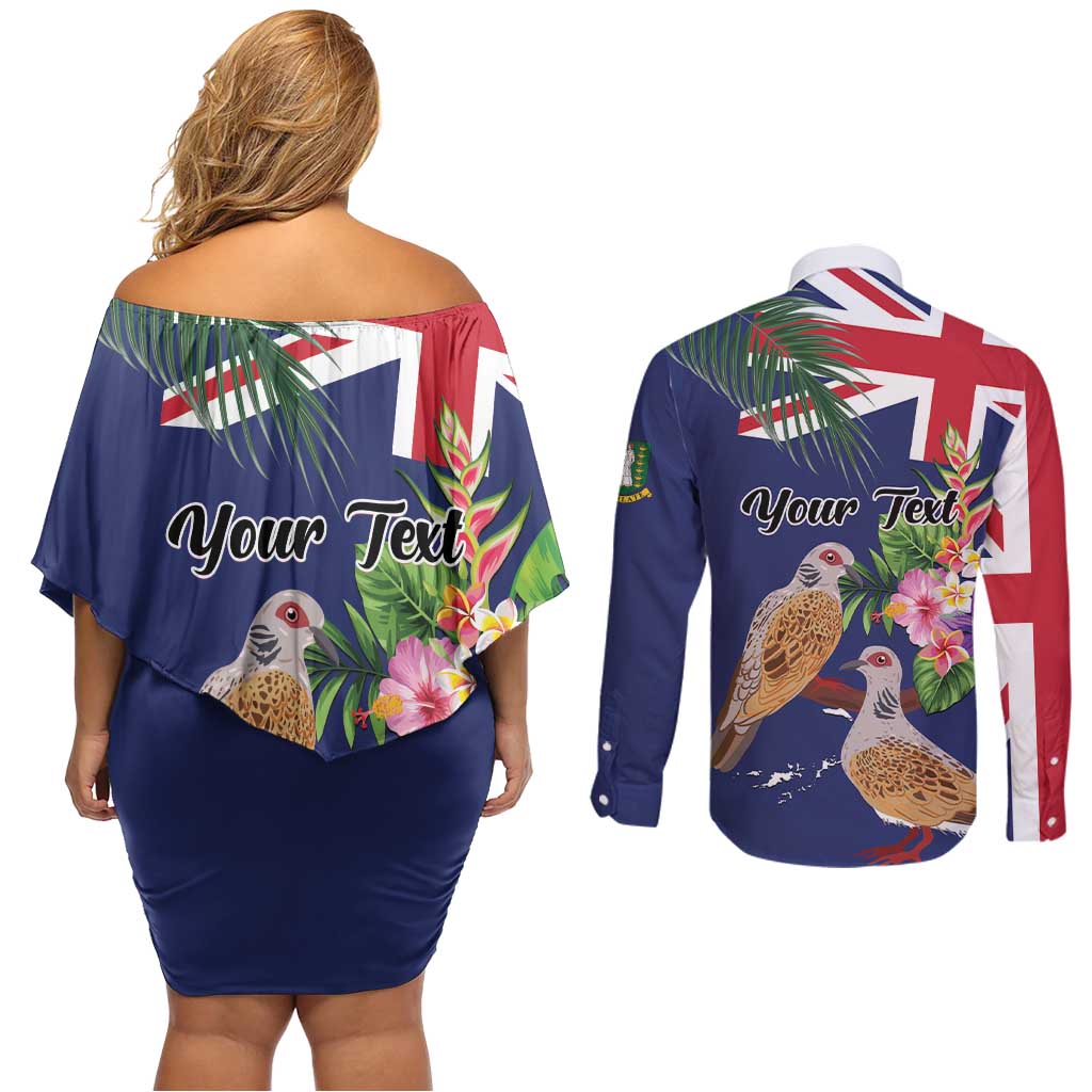 Personalised British Virgin Islands Couples Matching Off Shoulder Short Dress and Long Sleeve Button Shirt Two Turtle Doves Tropical Flowers