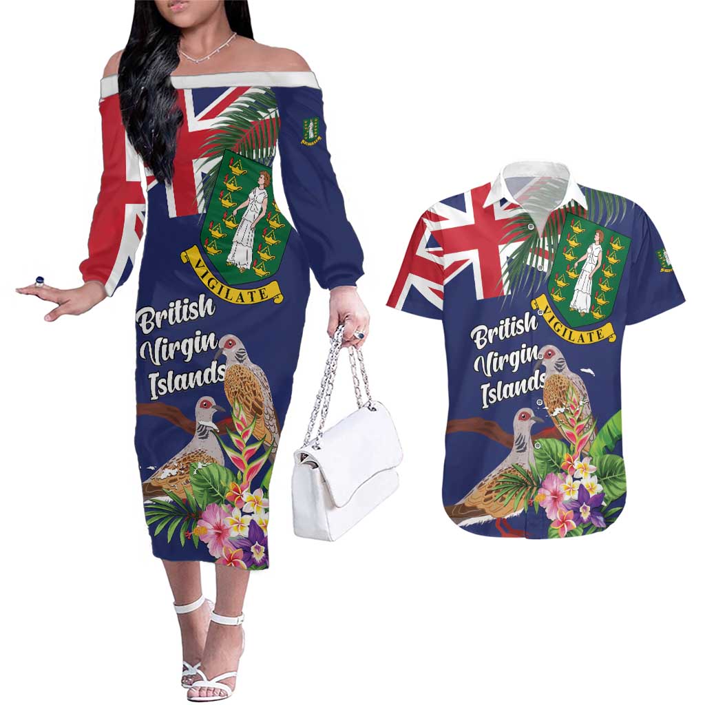 Personalised British Virgin Islands Couples Matching Off The Shoulder Long Sleeve Dress and Hawaiian Shirt Two Turtle Doves Tropical Flowers