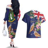 Personalised British Virgin Islands Couples Matching Off The Shoulder Long Sleeve Dress and Hawaiian Shirt Two Turtle Doves Tropical Flowers