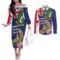 Personalised British Virgin Islands Couples Matching Off The Shoulder Long Sleeve Dress and Long Sleeve Button Shirt Two Turtle Doves Tropical Flowers