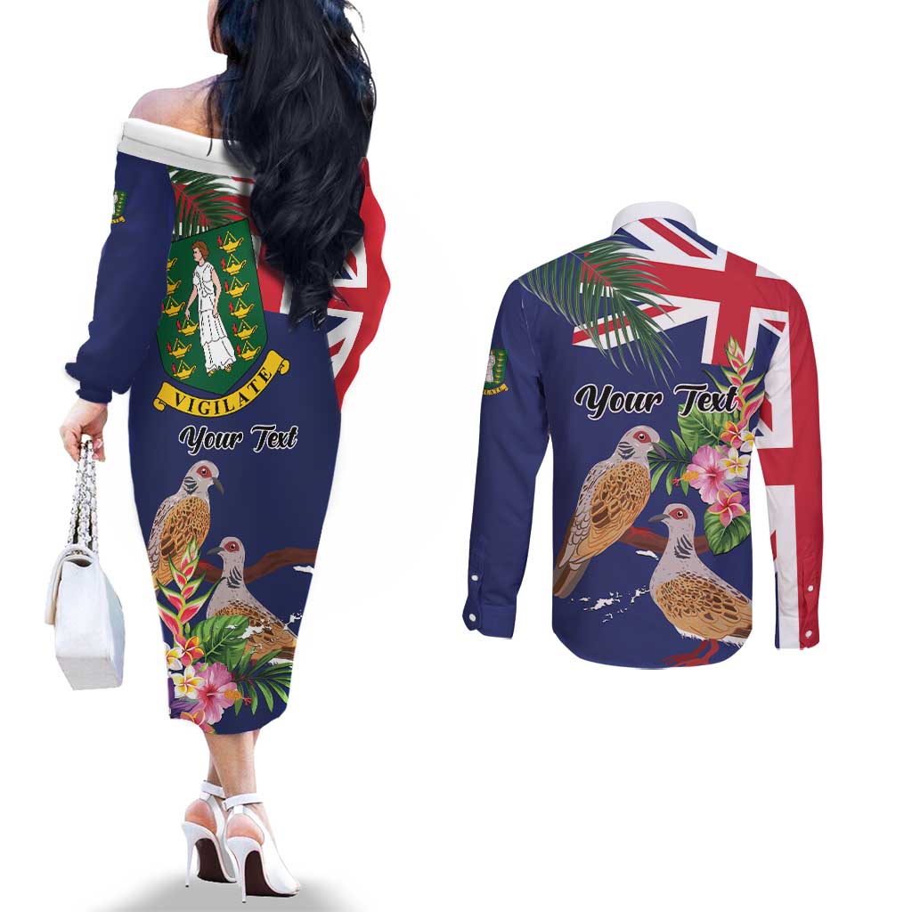 Personalised British Virgin Islands Couples Matching Off The Shoulder Long Sleeve Dress and Long Sleeve Button Shirt Two Turtle Doves Tropical Flowers