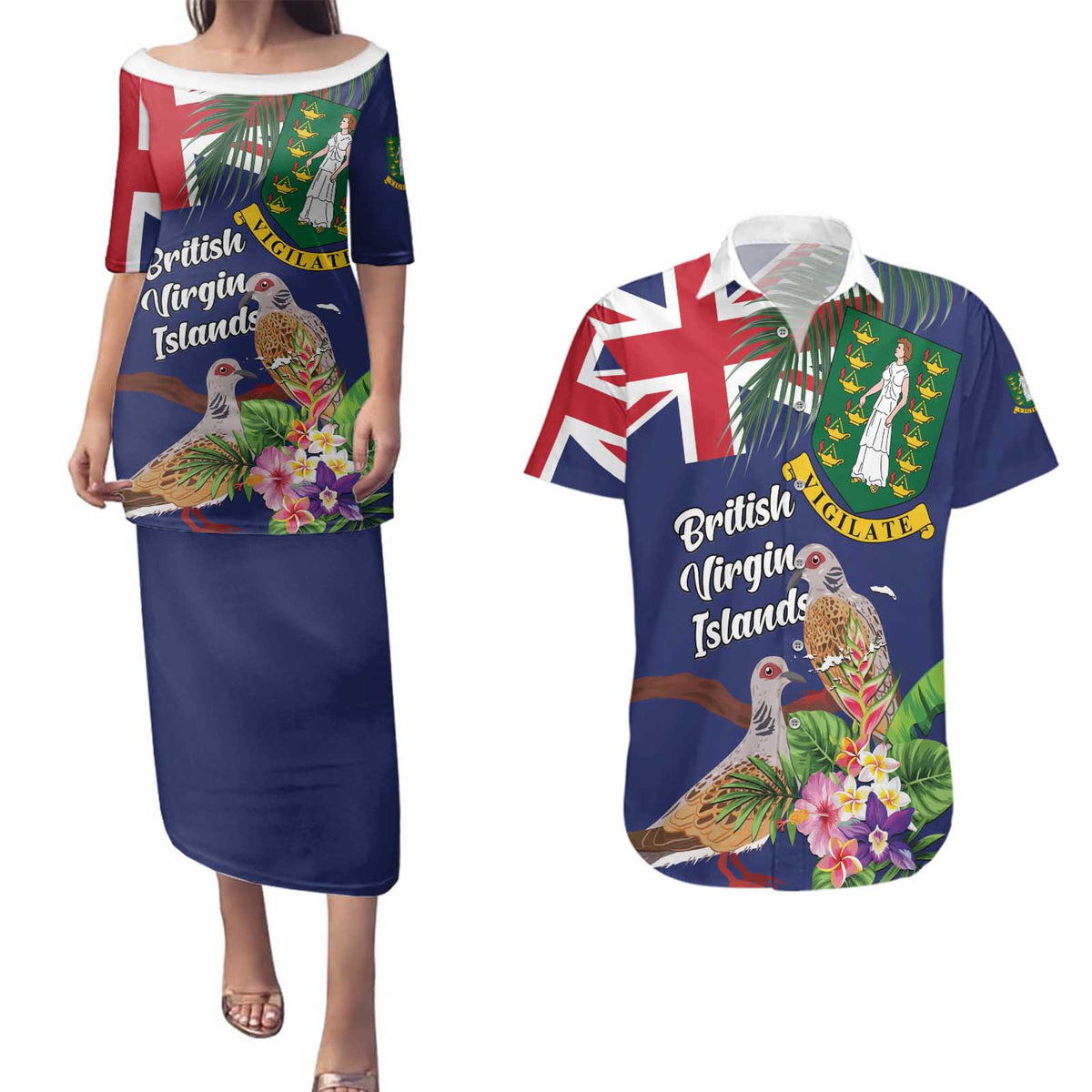 Personalised British Virgin Islands Couples Matching Puletasi and Hawaiian Shirt Two Turtle Doves Tropical Flowers