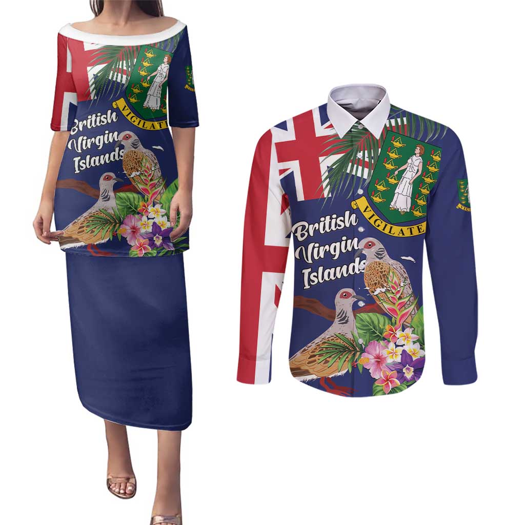 Personalised British Virgin Islands Couples Matching Puletasi and Long Sleeve Button Shirt Two Turtle Doves Tropical Flowers