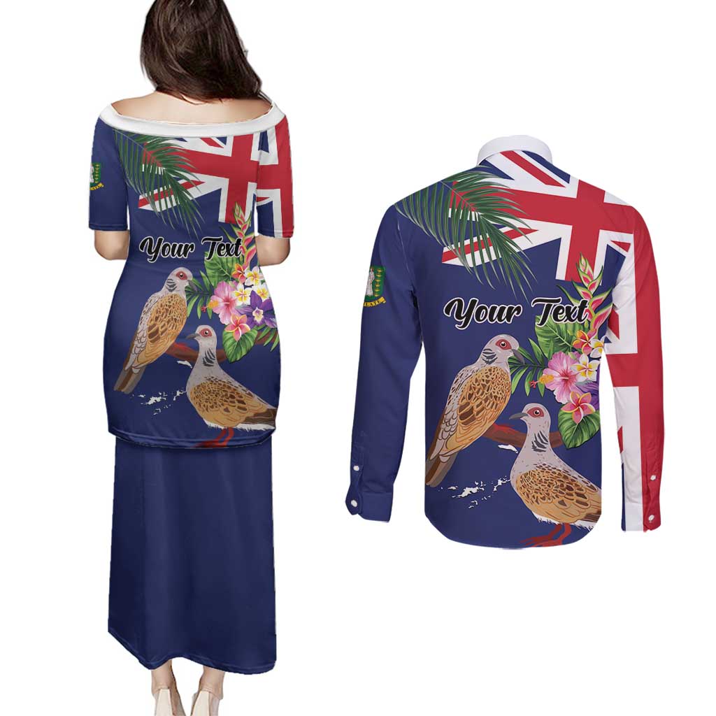 Personalised British Virgin Islands Couples Matching Puletasi and Long Sleeve Button Shirt Two Turtle Doves Tropical Flowers