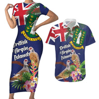 Personalised British Virgin Islands Couples Matching Short Sleeve Bodycon Dress and Hawaiian Shirt Two Turtle Doves Tropical Flowers