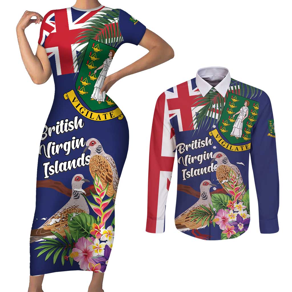 Personalised British Virgin Islands Couples Matching Short Sleeve Bodycon Dress and Long Sleeve Button Shirt Two Turtle Doves Tropical Flowers