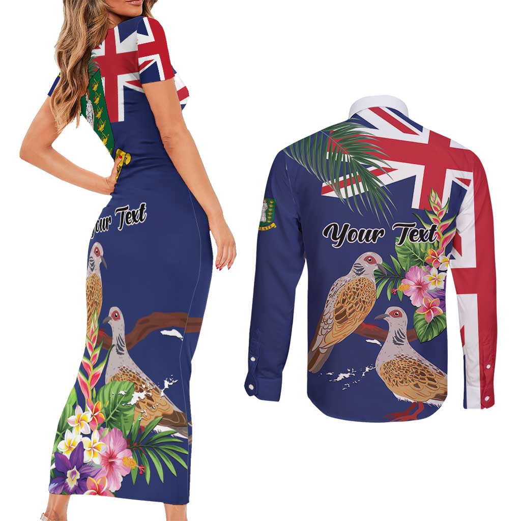 Personalised British Virgin Islands Couples Matching Short Sleeve Bodycon Dress and Long Sleeve Button Shirt Two Turtle Doves Tropical Flowers