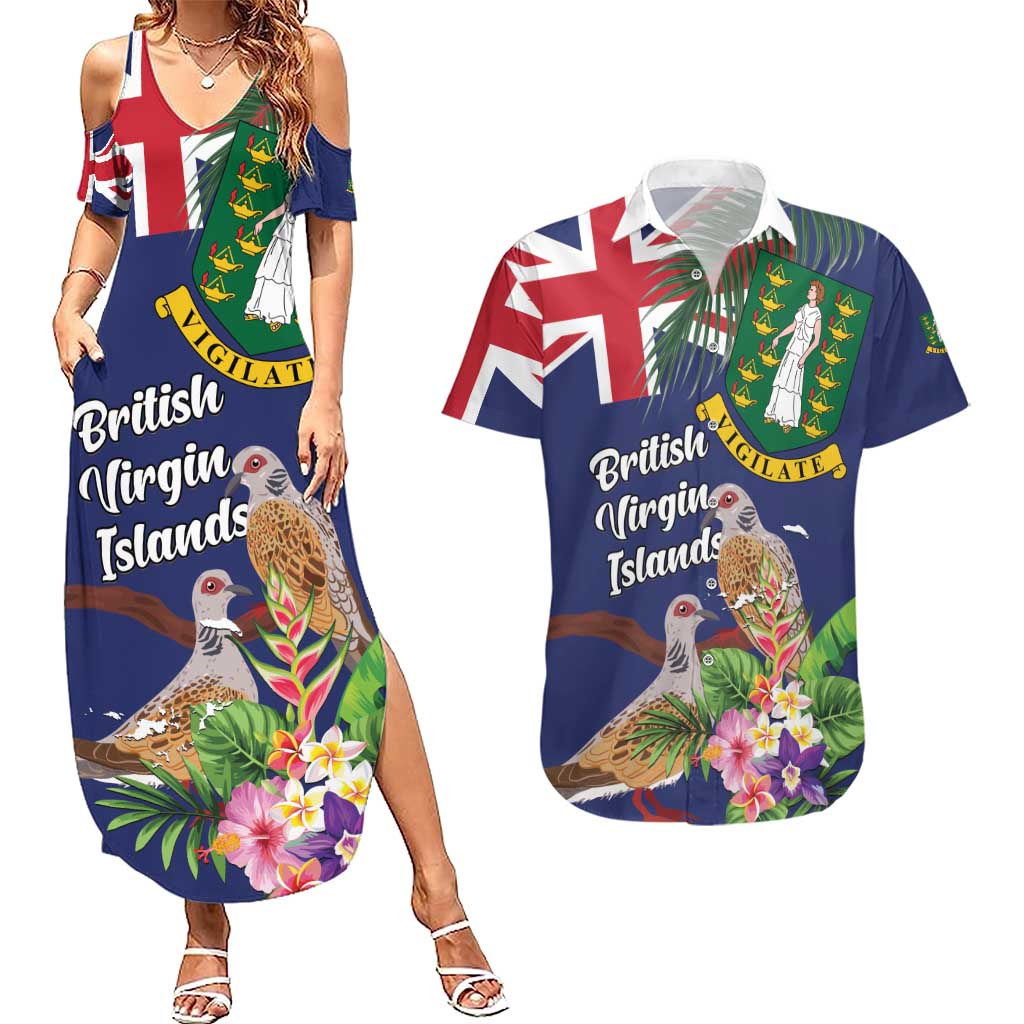 Personalised British Virgin Islands Couples Matching Summer Maxi Dress and Hawaiian Shirt Two Turtle Doves Tropical Flowers