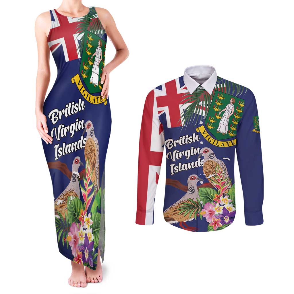 Personalised British Virgin Islands Couples Matching Tank Maxi Dress and Long Sleeve Button Shirt Two Turtle Doves Tropical Flowers