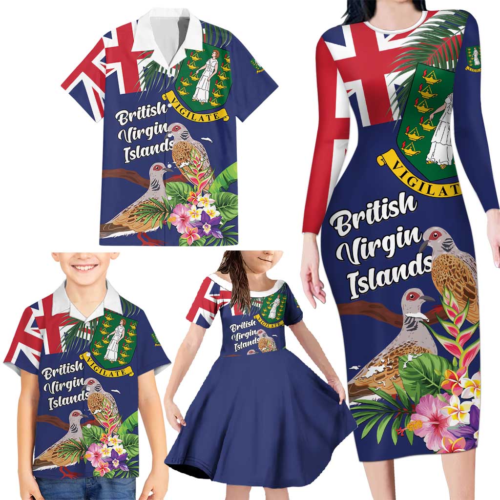 Personalised British Virgin Islands Family Matching Long Sleeve Bodycon Dress and Hawaiian Shirt Two Turtle Doves Tropical Flowers