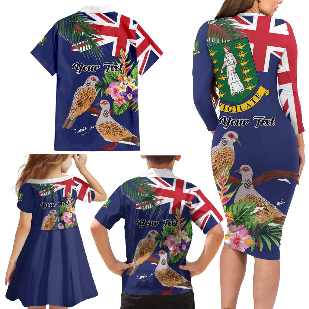 Personalised British Virgin Islands Family Matching Long Sleeve Bodycon Dress and Hawaiian Shirt Two Turtle Doves Tropical Flowers